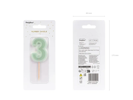 Świeczka urodzinowa Cyferka 3, zielony, 6 cm