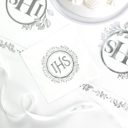 Serwetki komunijne IHS biało-srebrne 10szt.