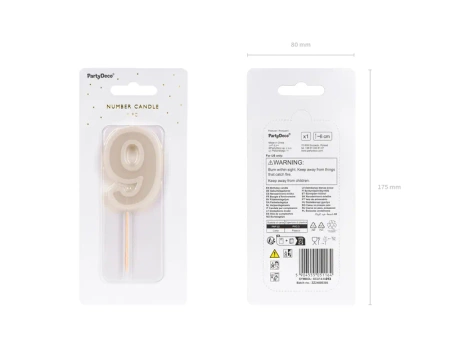 Świeczka urodzinowa Cyferka 9, beż, 6 cm