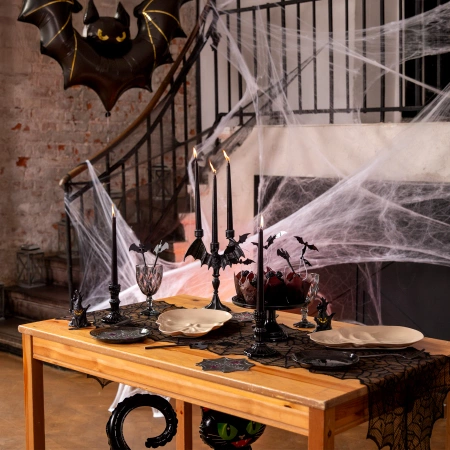 Bieżnik koronkowy pajęczyny Halloween czarny 45x183 cm