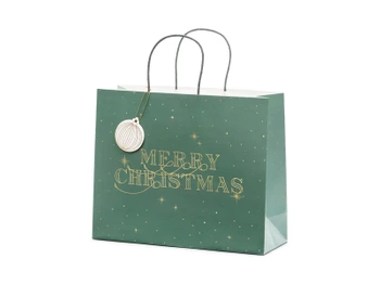Torebka na prezenty Merry Christmas, butelkowa zieleń, 32.5x26.5x11.5cm