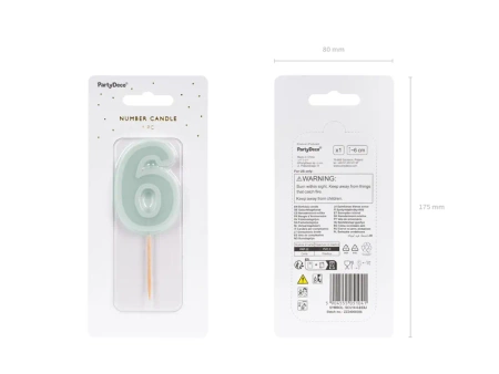 Świeczka urodzinowa Cyferka 6, jasna mięta, 6 cm