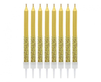 Świeczki metaliczno-brokatowe, złote, 6x0.5 cm, 8 szt.