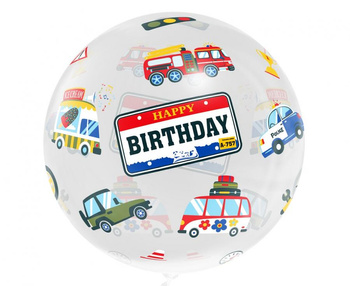 Balon Aqua - kryształowy, Happy Birthday (pojazdy), 20"