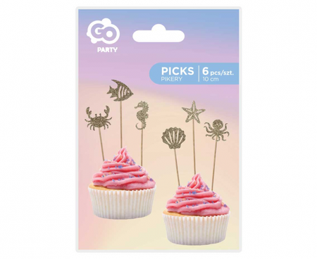 Pikery Podwodny Świat, złoty brokat, 6 szt.