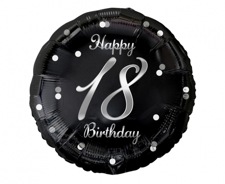 Balon foliowy B&C Happy 18 Birthday, czarny, nadruk srebrny, 18"