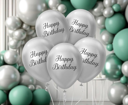 Balony Beauty&Charm Happy Birthday, platynowe srebrne, 12"/ 5 szt.