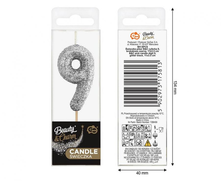 Świeczka piker B&C cyferka 9, czarna, NOWY BIO BROKAT, 11x3.5 cm