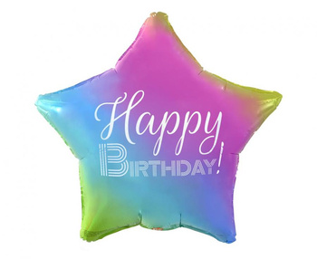 Balon foliowy Happy Birthday, gwiazda gradient, nadruk biały, 19"