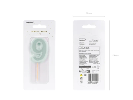 Świeczka urodzinowa Cyferka 9, jasna mięta, 6 cm