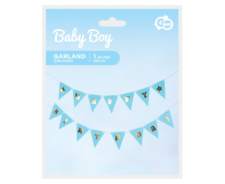 Girlanda papierowa B&G Happy Birthday - Baby Boy, jasnoniebieska, 300 cm, DIY, wys. flagi 17 cm