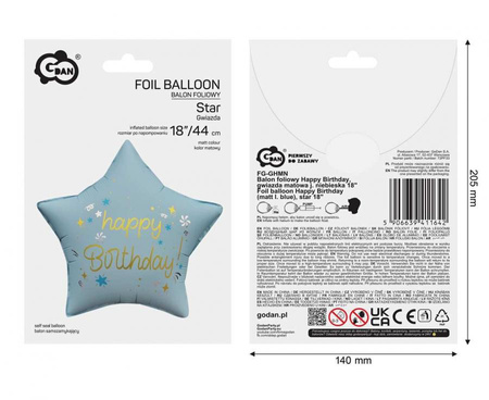 Balon foliowy Happy Birthday, gwiazda matowa j. niebieska 18"
