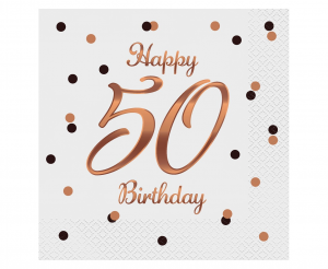 Serwetki B&C Happy 50 Birthday, białe, nadruk różowo-złoty, 33x33 cm/ 20 szt.