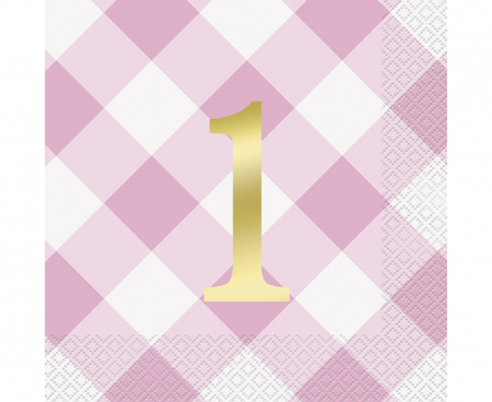 Serwetki papierowe Gingham 1st Birthday, różowe, 16 szt.