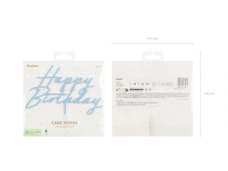 Topper akrylowy na tort Happy Birthday, mglisty niebieski, 16.5 cm