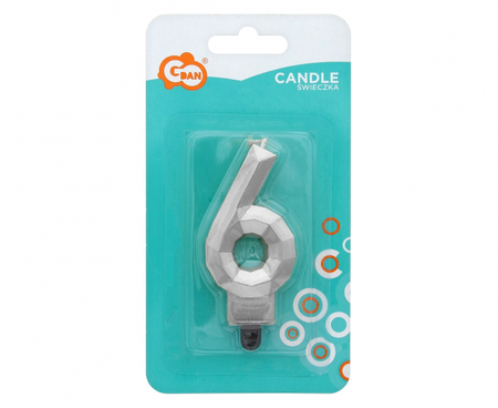 Świeczka cyferka 6 - Diament, metalik srebrny, 7.6 cm