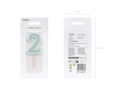 Świeczka urodzinowa Cyferka 2, jasna mięta, 6 cm