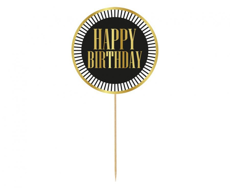 Dekoracja pap. na tort B&G Party - Happy Birthday, czarna, paski, 10 cm