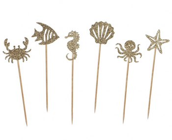 Pikery Podwodny Świat, złoty brokat, 6 szt.