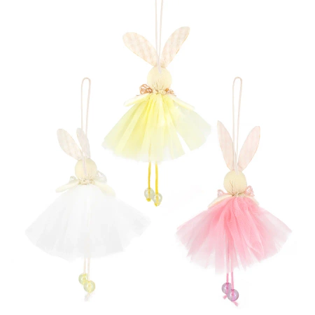 Dekoracje wielkanocne Zawieszki zajączki w kolorowych spódniczkach 1 szt.