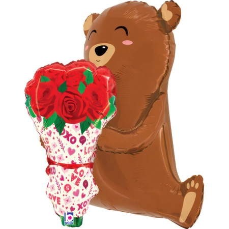 Balon foliowy Miś z Bukietem Róż 25" - 64 cm