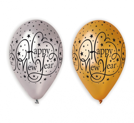 Balony Premium "Happy New Year", złote i srebrne, 12" / 6 szt.