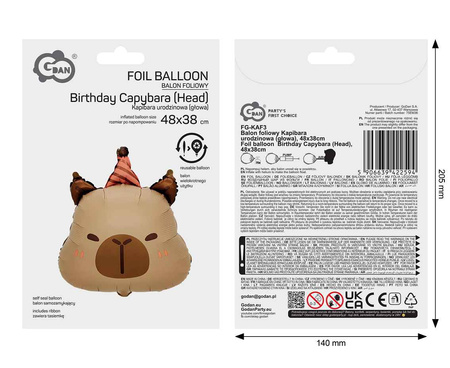 Balon foliowy Kapibara urodzinowa (głowa), 48x38cm