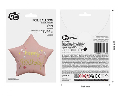 Balon foliowy Happy Birthday, gwiazda matowa j. różowa 18"