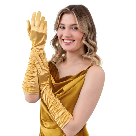 Rękawiczki satynowe z marszczeniem, złote, 42 cm