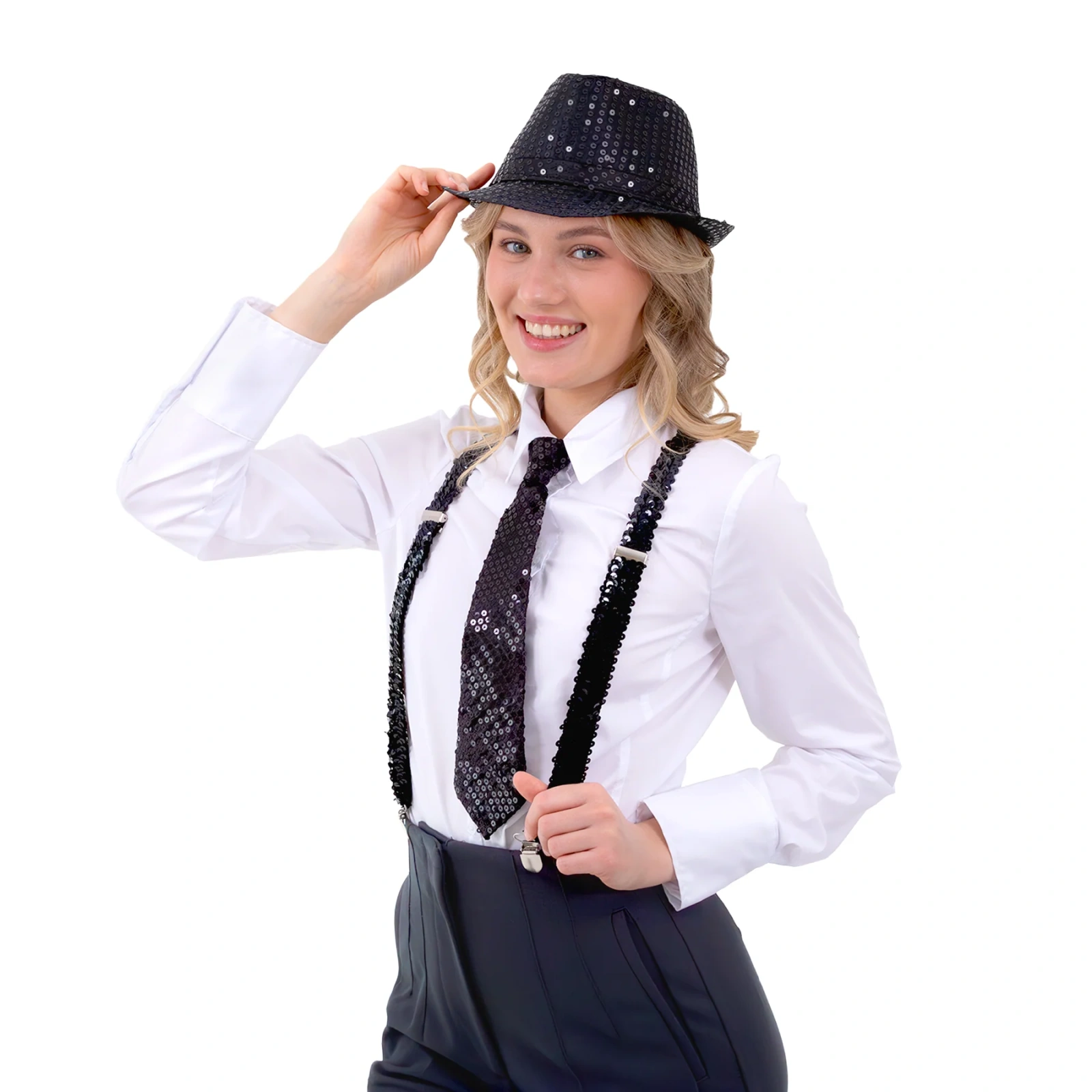 Detal cekinów na czarnym krawacie