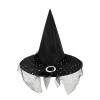 Kapelusz czarownicy z tiulem czarno-srebrny 38x32cm