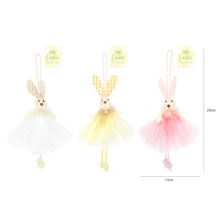 Dekoracje wielkanocne Zawieszki zajączki w kolorowych spódniczkach 1 szt.