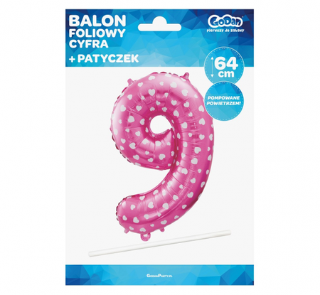 Balon foliowy "Cyfra 9", różowa w serca, 61 cm