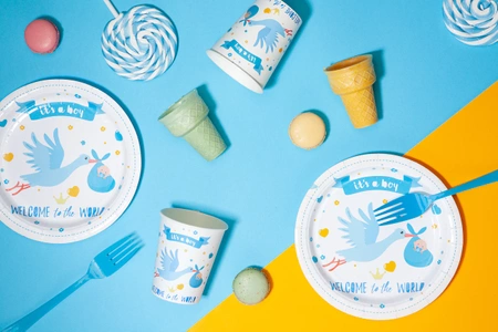 Papierowy talerzyki Baby Shower Bocian niebieski 6 szt., 18 cm