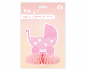 Dekoracja papierowa B&G na stół Baby Girl - wózek, jasnoróżowa, 16 cm