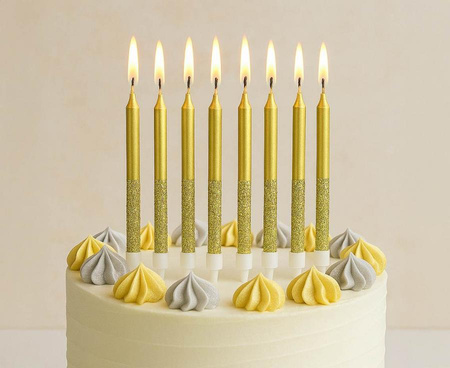 Świeczki metaliczno-brokatowe, złote, 6x0.5 cm, 8 szt.