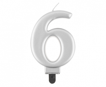 Świeczka B&C cyferka 6, metalik srebrna, 8,0 cm