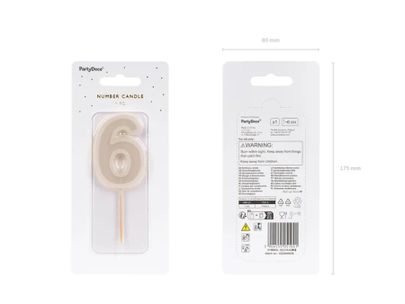 Świeczka urodzinowa Cyferka 6, beż, 6 cm