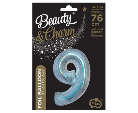 Balon foliowy B&C, Cyfra 9, holograficzna srebrna, 76 cm