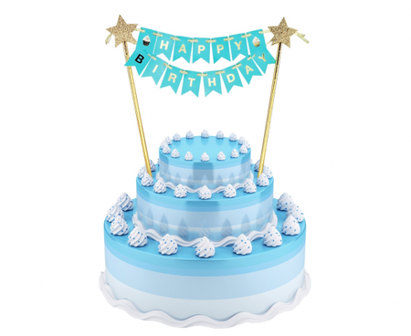 Dekoracja papierowa B&G na tort Happy Birthday, jasnoniebieska, 25 cm