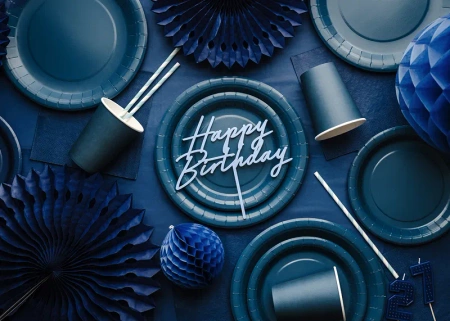 Topper akrylowy na tort Happy Birthday, mglisty niebieski, 16.5 cm