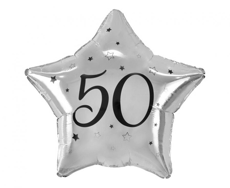 Balon foliowy "50" gwiazda srebrna, nadruk czarny, 19"