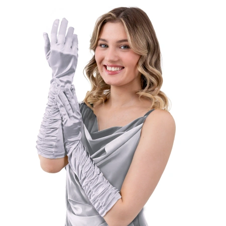 Rękawiczki satynowe z marszczeniem, srebrne, 42 cm
