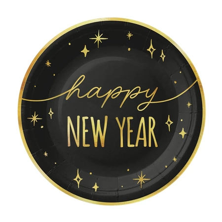 Talerzyk papierowy Happy New Year czarno-złoty, 6szt.