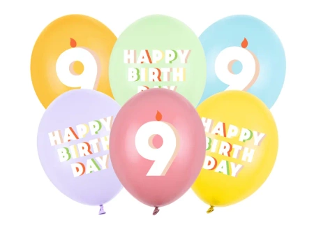 Balony 30 cm, na 9 urodziny, mix (6szt)