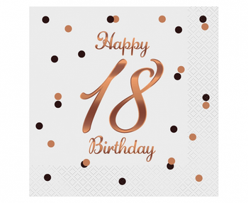 Serwetki B&C Happy 18 Birthday, białe, nadruk różowo-złoty, 33x33 cm/ 20 szt.