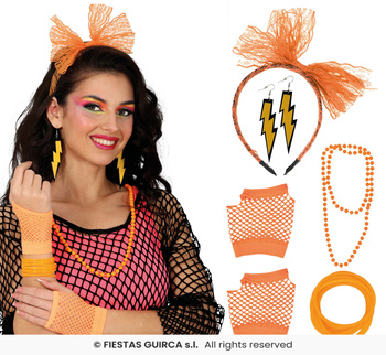 Neonowy zestaw akcesoriów „Disco 80s”, 5 szt., pomarańczowy