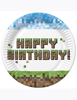 Talerzyki papierowe "Pixel Block Happy Birthday", 18 cm, 8 szt