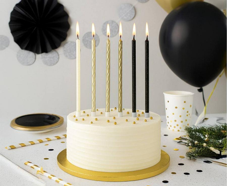 Świeczki metaliczno-brokatowe, czarne/białe/złote, 15.5x0.5 cm, 12 szt.