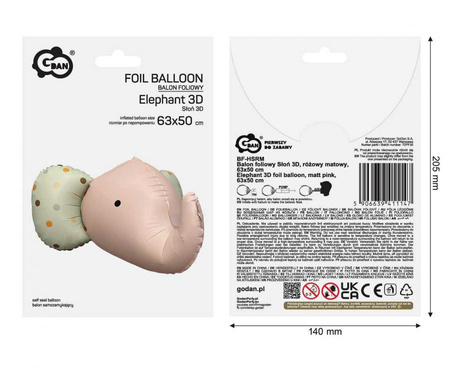 Balon foliowy Słoń 3D, różowy matowy, 63x50 cm